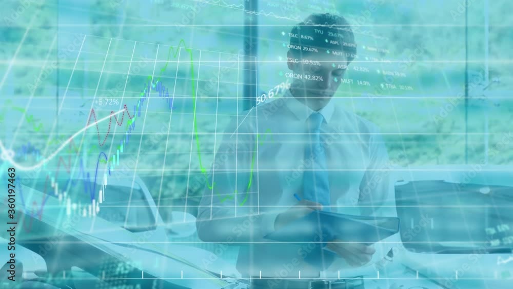 Poster animation of statistics with data processing over caucasian man writing on a file of papers