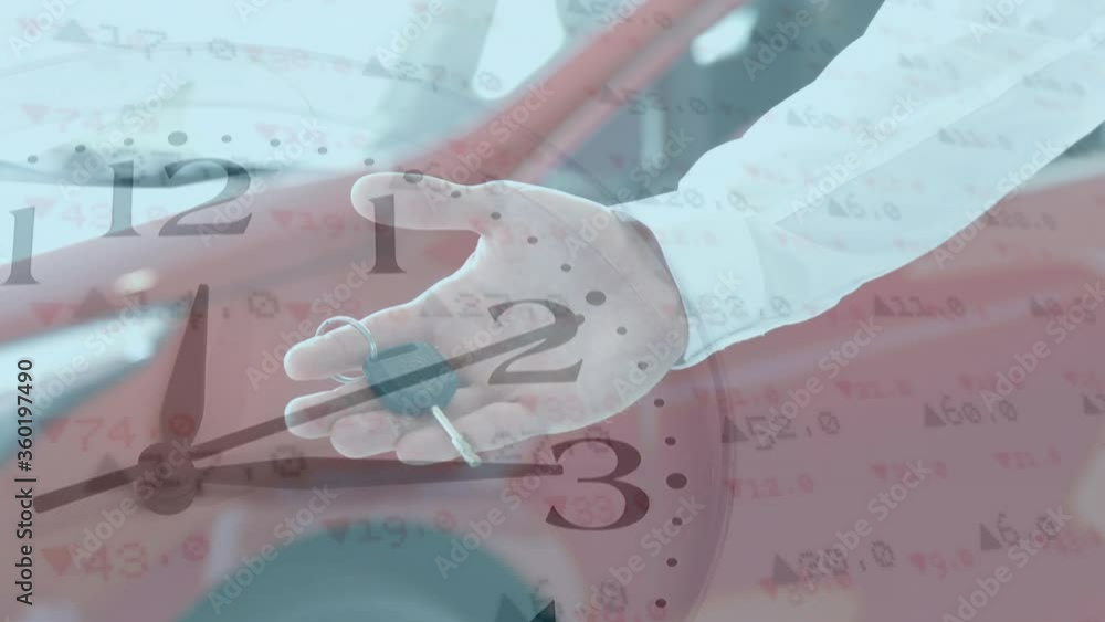 Poster Animation of clock ticking with numbers floating over a car with Caucasian man holding car keys