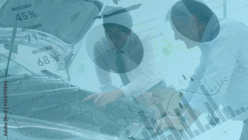 Poster animation of statistics with data processing over two caucasian man discussing by a car engine