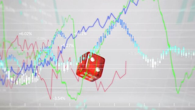 Animation of a red dice tumbling over statistics and data processing - Powered by Adobe