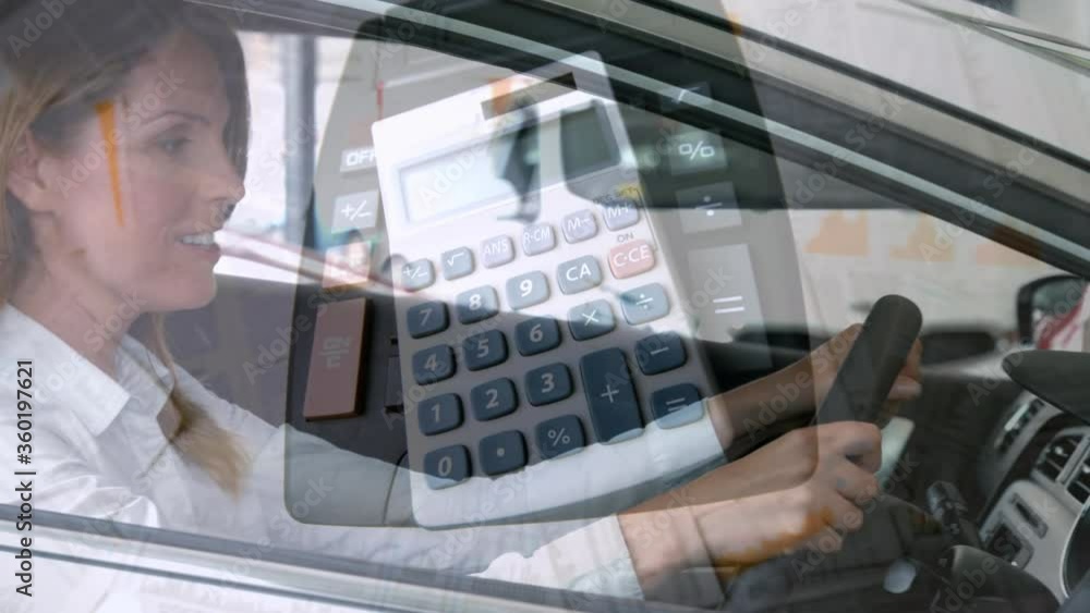 Poster animation of two calculators floating with multiple paper sheets over caucasian woman sitting in a c