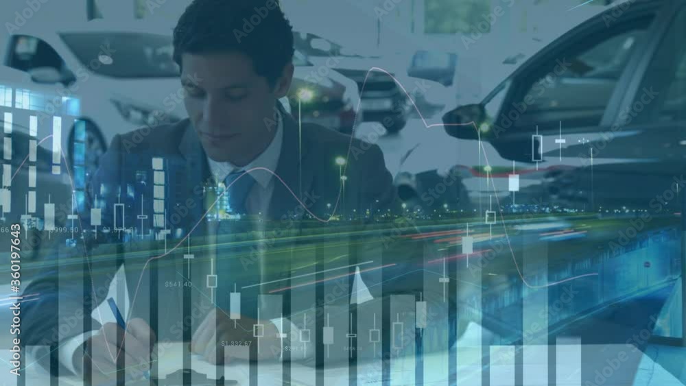 Poster animation of statistics and data processing over caucasian man writing on file of papers