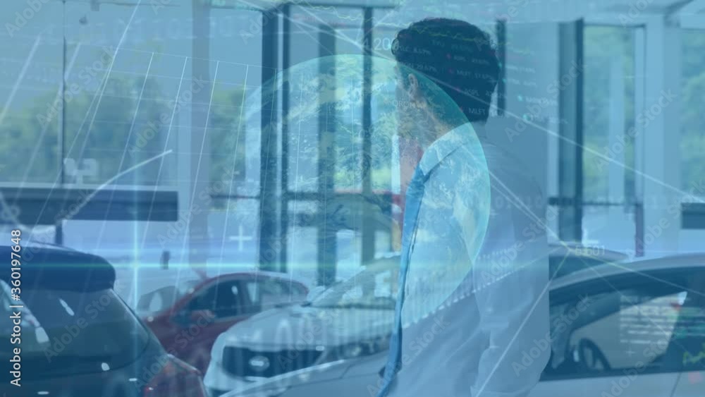 Poster animation of statistics with data processing and globe spinning over caucasian man standing by a car