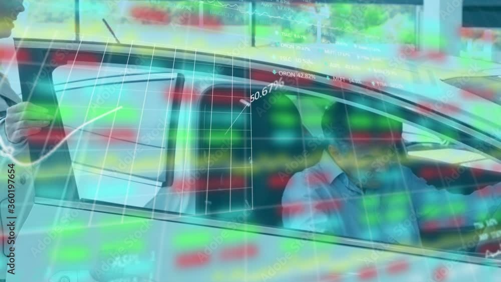 Poster animation of statistics and data processing over caucasian man going into a car talking with caucasi