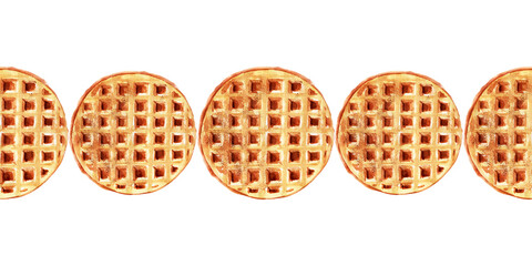 Watercolor seamless border with wafers of various shapes. Heart waffles, square waffles, and round waffles