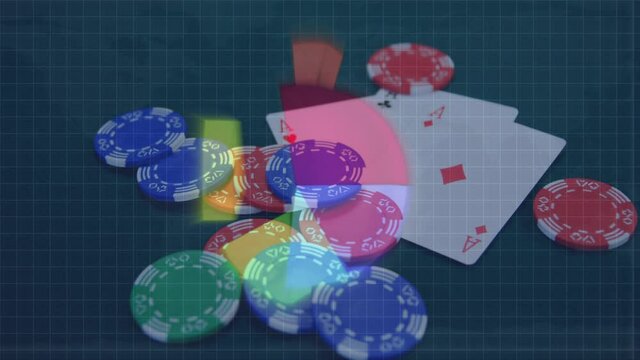 Animation of casino chips falling on playing cards over a world map