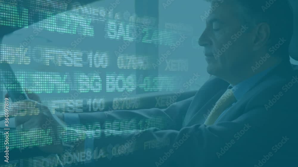 Poster animation of data processing over caucasian man sitting in a car