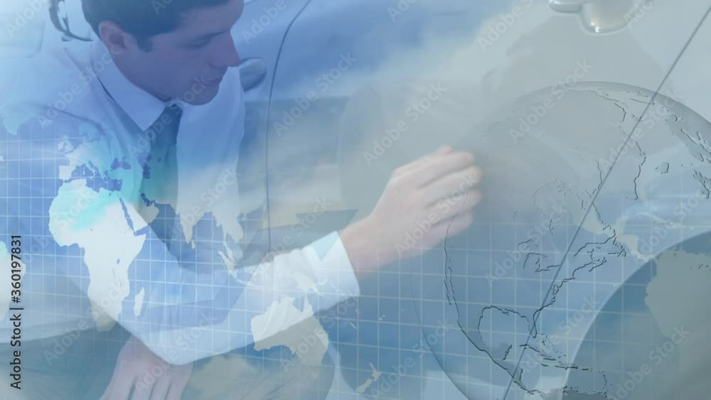 Poster animation of clouds floating and world maps rolling with globe spinning over caucasian man cleaning