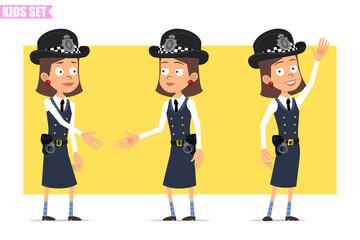 Cartoon flat funny british policeman girl character in helmet hat and uniform. Ready for animation. Kid shaking hands and saying Hello. Isolated on yellow background. Vector set.