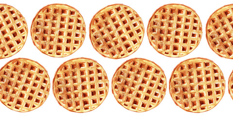 Watercolor seamless border with wafers of various shapes. Heart waffles, square waffles, and round waffles