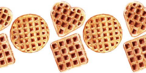 Watercolor seamless border with wafers of various shapes. Heart waffles, square waffles, and round waffles