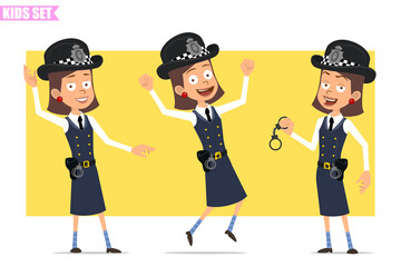 Cartoon flat funny british policeman girl character in helmet hat and uniform. Ready for animation. Kid dancing, jumping and holding handcuffs. Isolated on yellow background. Vector set.