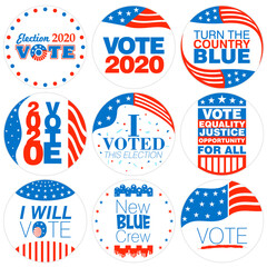 Fototapeta premium Set of nine Election campaign badges in United States of America patriotic flag colors for 2020 on an isolated white background