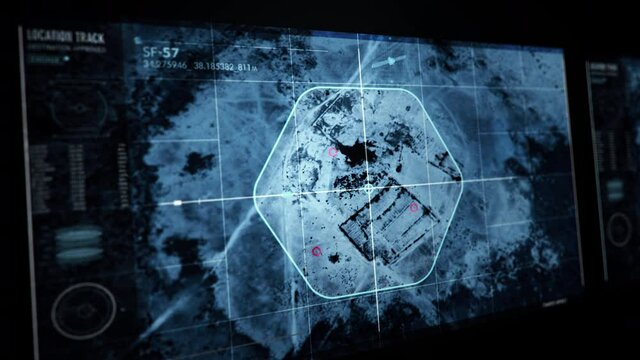 Satellite Spy Drone Interface on Screen Scanning the Map at the Desert.
