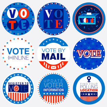 Set of nine Election campaign badges in United States of America patriotic colors for 2020 on an isolated grey background