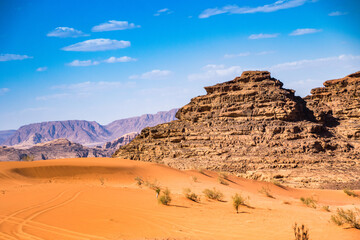 Fresh tire tracks in orange desert sand with sparse vegetation with mountain range in background Wadi Rum, Jordan