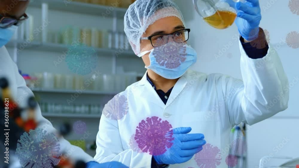 Aufkleber animation of macro covid-19 cells floating over scientists working in a laboratory
