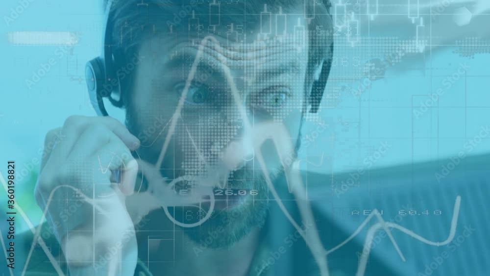 Aufkleber Animation of Caucasian man wearing a headset and using a computer over data recording