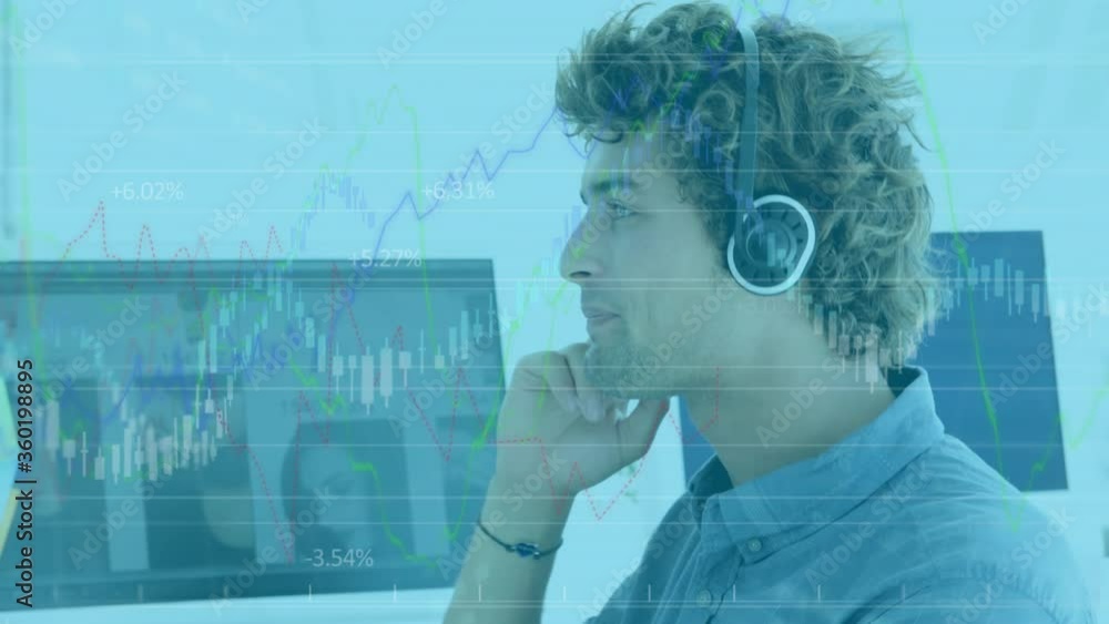 Poster animation of caucasian man wearing headset and using computer over statistics and data recording