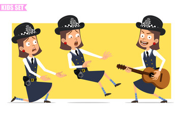 Cartoon flat funny british policeman girl character in helmet hat and uniform. Ready for animation. Kid playing guitar, falling down and standing on knee. Isolated on yellow background. Vector set.