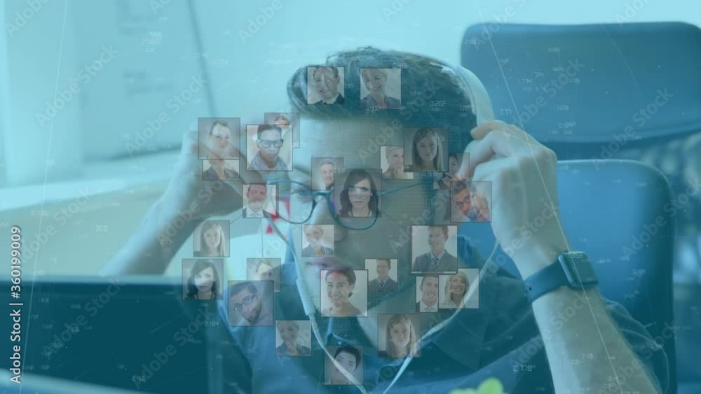Poster animation of caucasian man in headphones using computer with people on floating screen