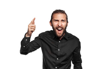 Fototapeta premium Young man in a rage points a finger, on a white background. The young man is angry. Isolate space for advertising label