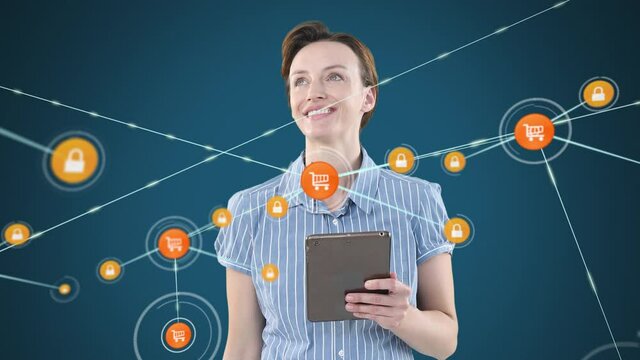 Animation of a Caucasian woman using a 3D interactive tablet over a network of connections with oran