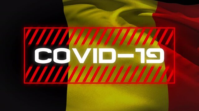Animation of the Belgium flag over COVID-1 information written in white letters in an red rectangula