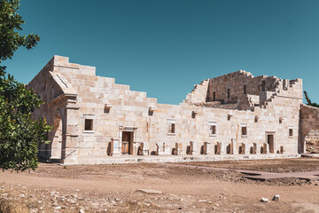 Patara (Pttra). Ruins of the ancient Lycian city Patara. Amphi-theatre and the assembly hall of Lycia public. Patara was at the Lycia (Lycian) League's capital. Aerial view shooting. Antalya, TURKEY