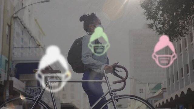 Animation of a woman with a mask and a bike in the street over green and pink macro icons
