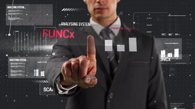 Animation of Caucasian man in suit touching a screen with statistics and words written in red capita
