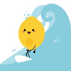Lemon character icon concept illustration. Cute coconut style. Surfing at sea. Illustration vector.