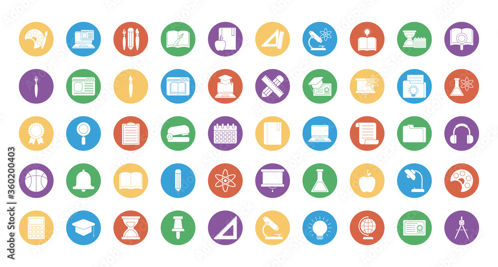 Poster education school and university block style icon set vector design