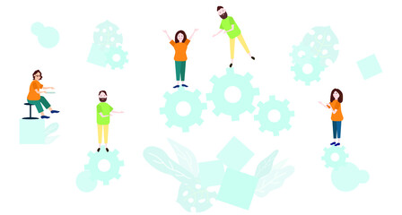 People in different poses. Gears. Vector illustration.