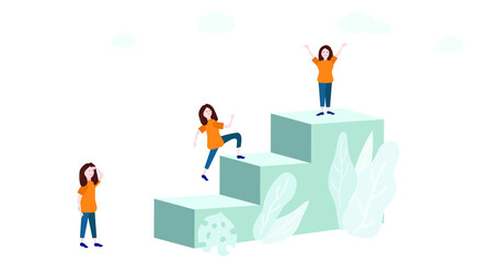 The girl rises to the pedestal.Reaching the goal.  Vector illustration.
