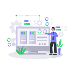 Fototapeta premium Flat vector illustration of customer service is serving customers well and friendly via telephone and live chat