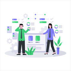 Flat vector illustration of customer service is serving customers well and friendly via telephone and live chat