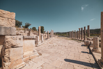 Patara (Pttra). Ruins of the ancient Lycian city Patara. Amphi-theatre and the assembly hall of Lycia public. Patara was at the Lycia (Lycian) League's capital. Aerial view shooting. Antalya, TURKEY