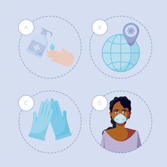 Woman with medical mask and icon set vector design