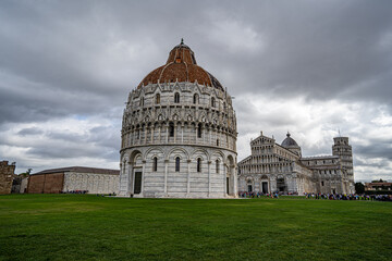 Duomo Leaning tower of Pisa with dramatic sky 