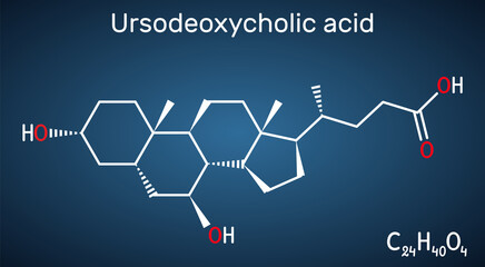 Fototapeta premium Ursodeoxycholic acid, ursodiol, UDCA molecule. It is used as cholagogue and choleretic in the treatment of cholelithiasis, biliary cholangitis. Dark blue background