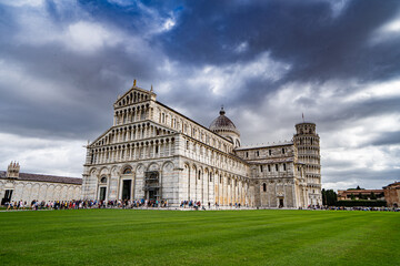Duomo Leaning tower of Pisa with dramatic sky 