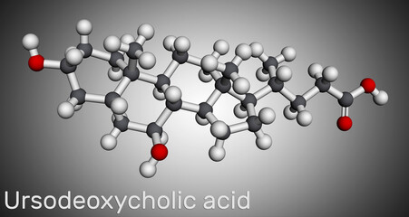 Ursodeoxycholic acid, ursodiol, UDCA molecule. It is used as cholagogue and choleretic in the treatment of cholelithiasis, biliary cholangitis. Molecular model