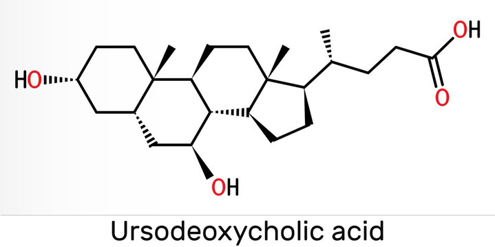 Ursodeoxycholic acid, ursodiol, UDCA molecule. It is used as cholagogue and choleretic in the treatment of cholelithiasis, biliary cholangitis. Skeletal chemical formula