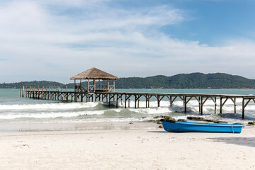 old wooden pier,Saracen bay beach, Koh Rong Samloem island, Sihanoukville, Cambodia.