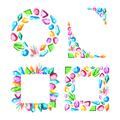 frames set - colorful rainbow crystals or blue, golden, green, pink, violet gems, isolated frame on white background, composition with gemstones, quartz, minerals, diamonds, flat vector illustration