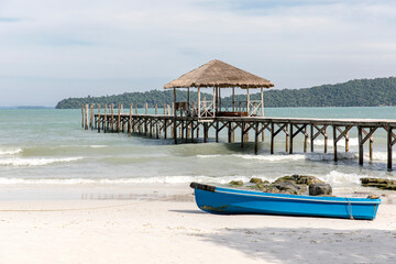 old wooden pier,Saracen bay beach, Koh Rong Samloem island, Sihanoukville, Cambodia.