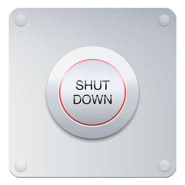 Shut down button on a chrome panel to stop machines or instruments, but also a company, the society, people or the whole world. Vector on white background.
