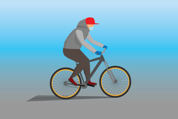 A cyclist in a medical mask and gloves on the ride, simple vector illustration