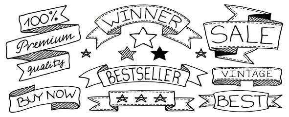Obraz premium Doodle banners, flags, ribbons and tags set, hand drawn with thin line
